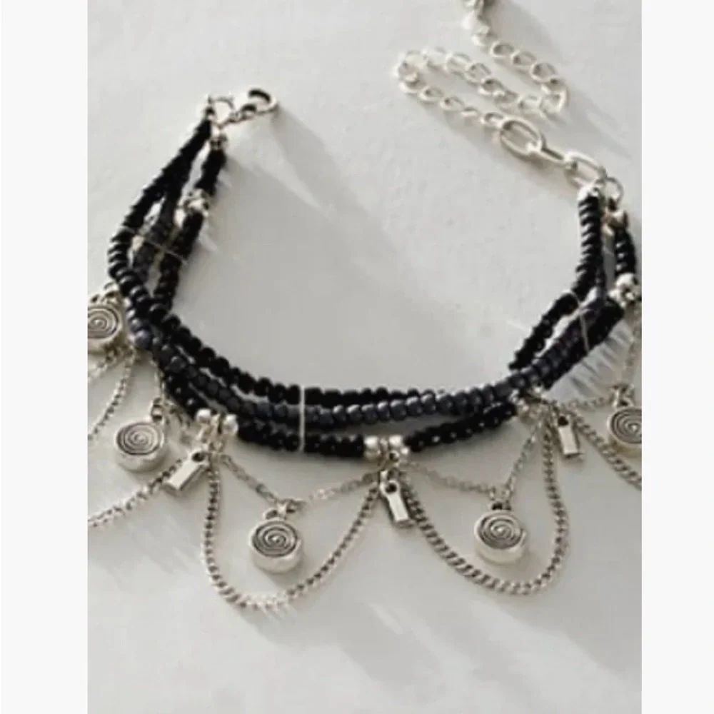 Free People Black Beaded Multi-Strand Bracelet with Silver Dangles - Picture 2 of 4
